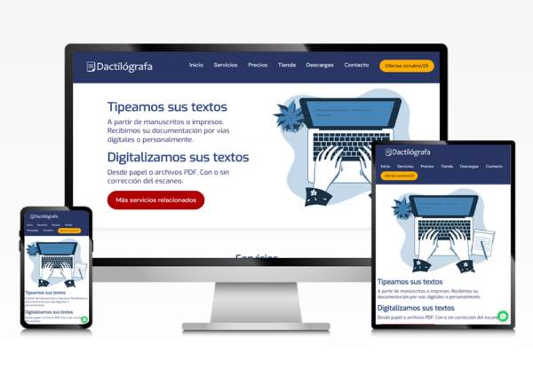 sitio web para Dactilógrafa, vista del sitio en formato escritorio, tablet, celular