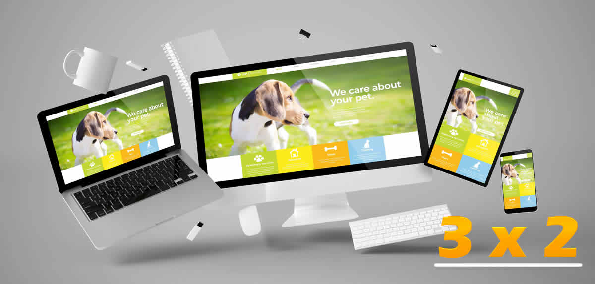 sitio responsive en monitor notebook, pc, tablet y celular con motivo de perros, promo 3 x 2