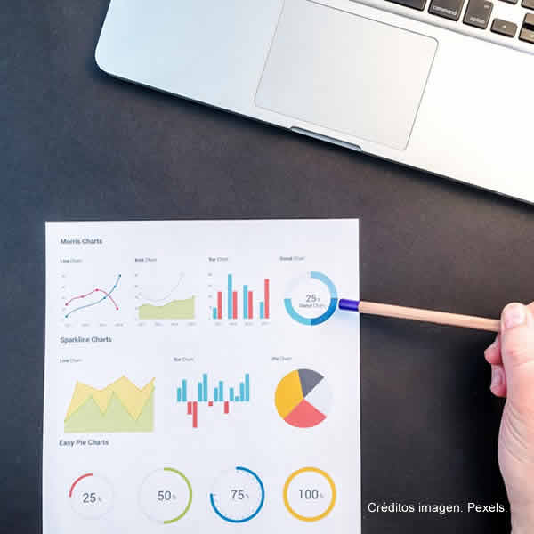 notebook con hoja de gráficos varios: barras, tortas, auditoría de sitios web en HTML5