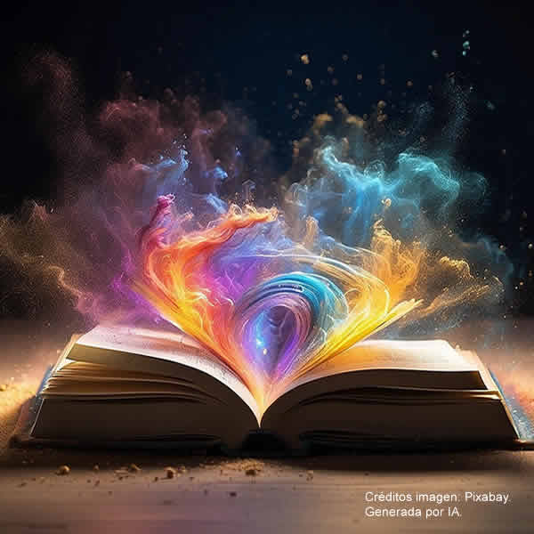 imagen generada con IA de Pixabay. libro abierto con ondas de colores diversos. Copywriting y Storytelling