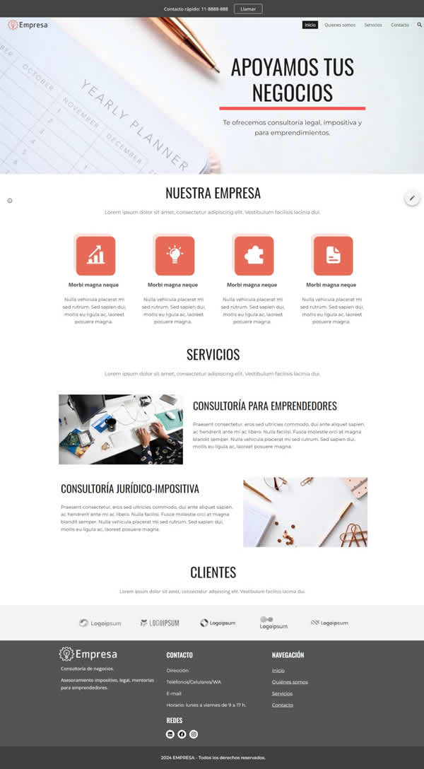 página de inicio de una consultora, muestra de nuestro plan autoadministrable básico
