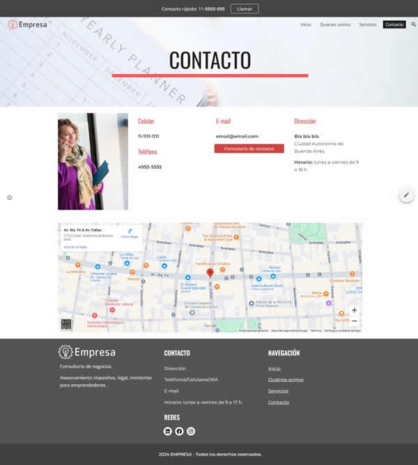 página contacto de una consultora, muestra de nuestro plan autoadministrable básico